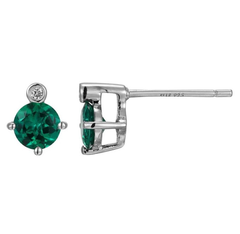 Sterling Silver Round Brilliant Created Emerald Earrings
