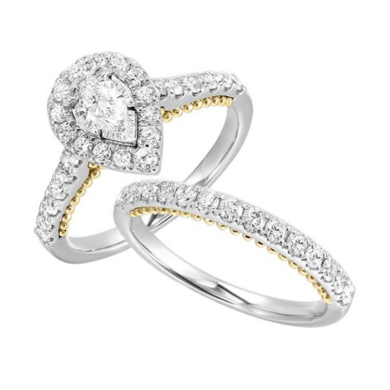 Pear Diamond Halo Engagement Ring & Band Set