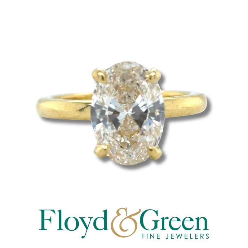 18KY Lab-grown Diamond Solitaire Engagement Ring, Size 5.25, Oval, 2.48ct, J VS2