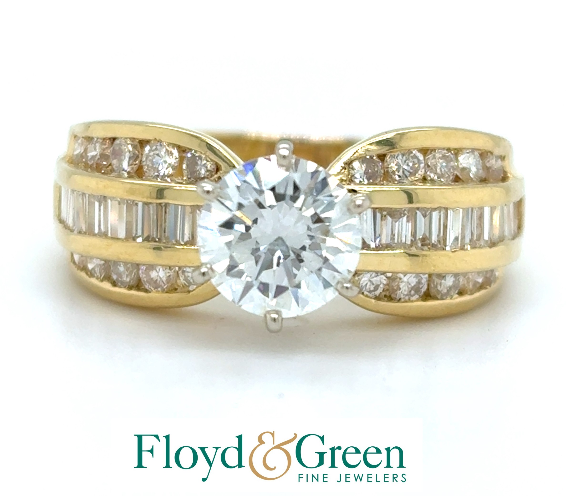 18K Two-Tone Diamond Enagement Ring, 1 Round, 1.07ct, 18 Baguette, 0.44ct, 20 Round, 0.46ct, G VS1, Size 7.5