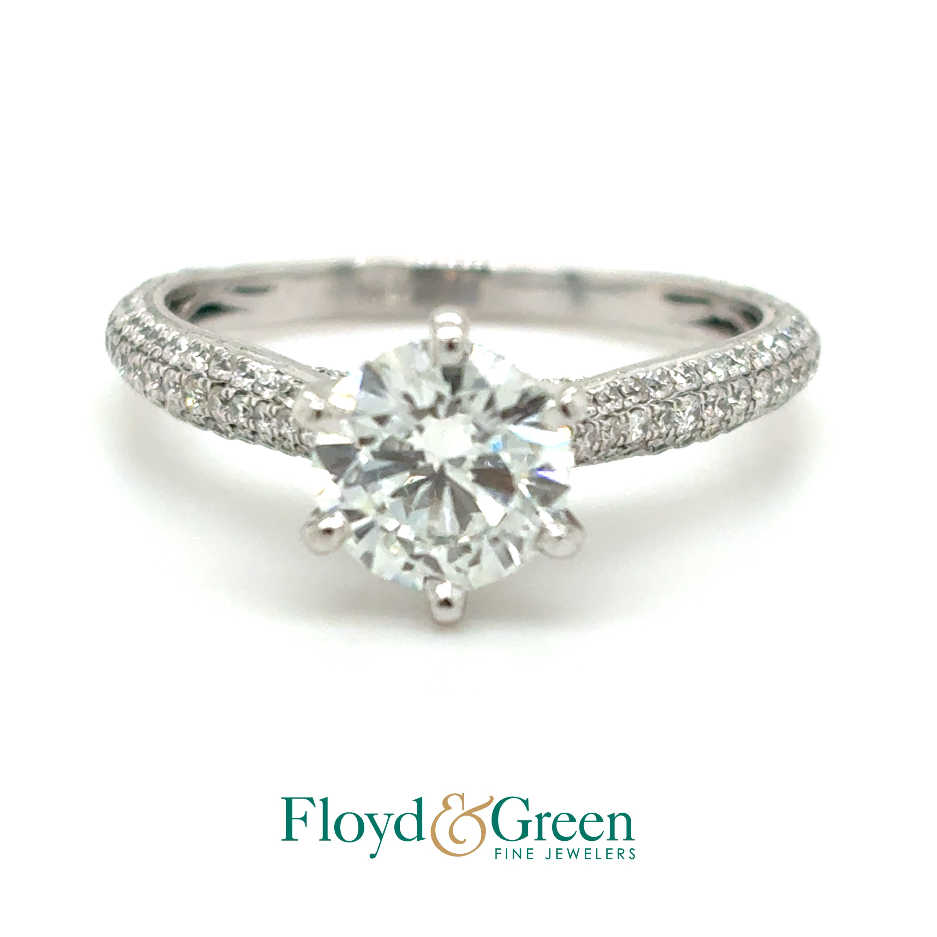 18KW Diamond Engagement Ring, 1 Round, 1.28ct, J I1, 134 Round,0.65ctt, H SI1, Size 7.75