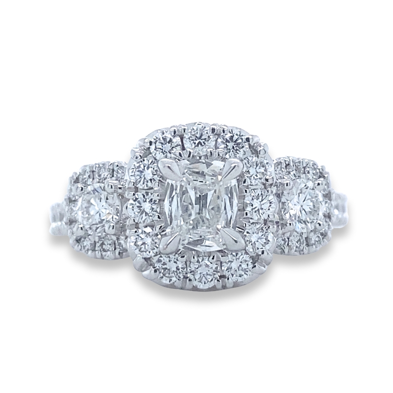18KW .50CT F/SI2 Cushion 3 Stone Halo 1.06ctw Eng Ring Size 6.5