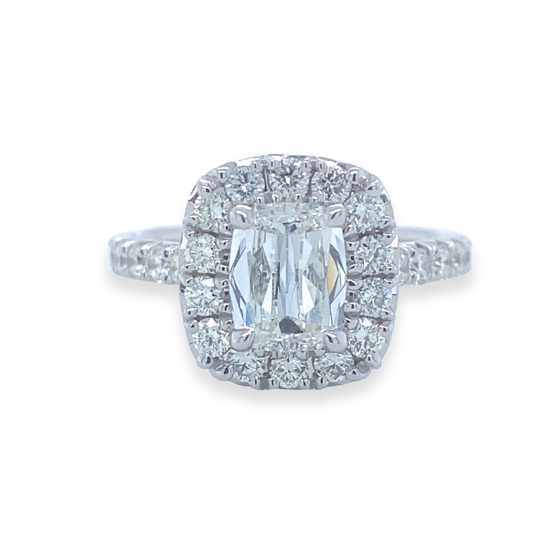 18KW 1.01CT J/SI1 Cushion Dia Halo .82ctw I/SI1 Eng Ring Size 6.5