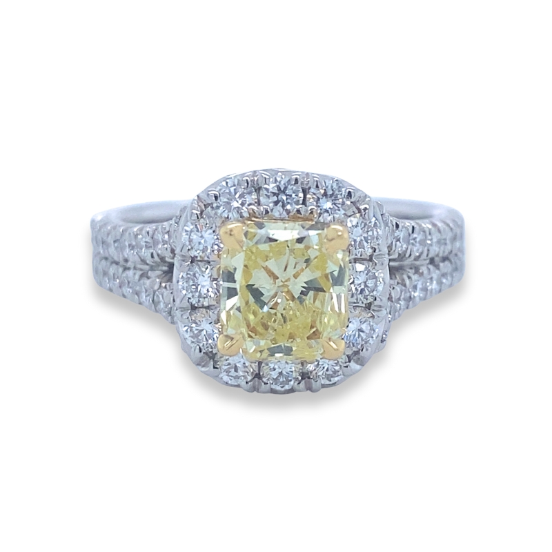18KW 1.07CT Fancy Yellow Dia Halo w/ Split Shank .83ctw Eng Ring Size 6.5
