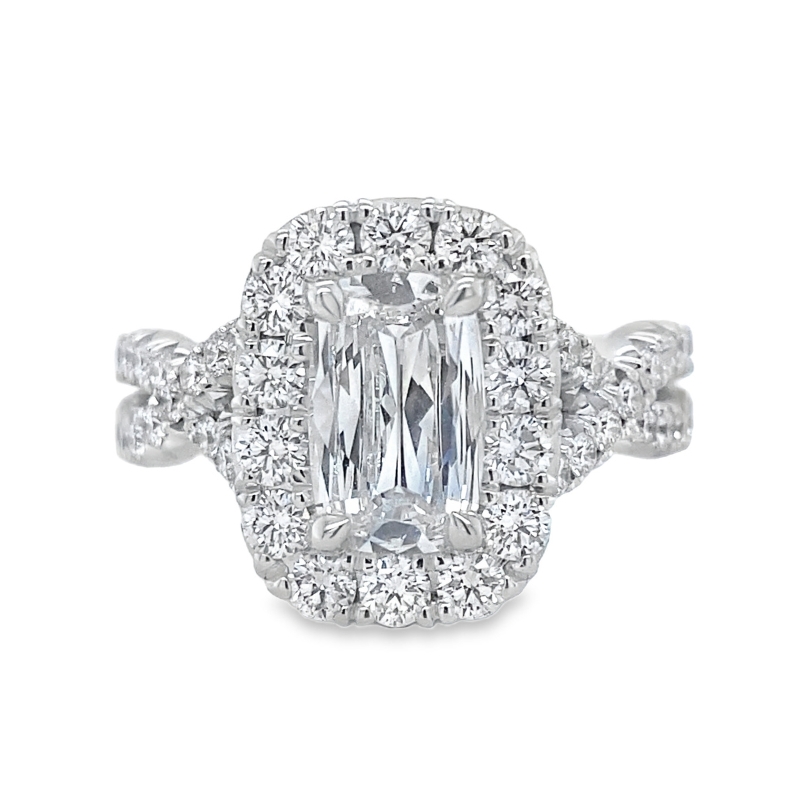 18KW 1.05CT E/VVS2 Cushion Dia Halo w/ Twist Shank 1.08ctw Eng Ring Size 6.5