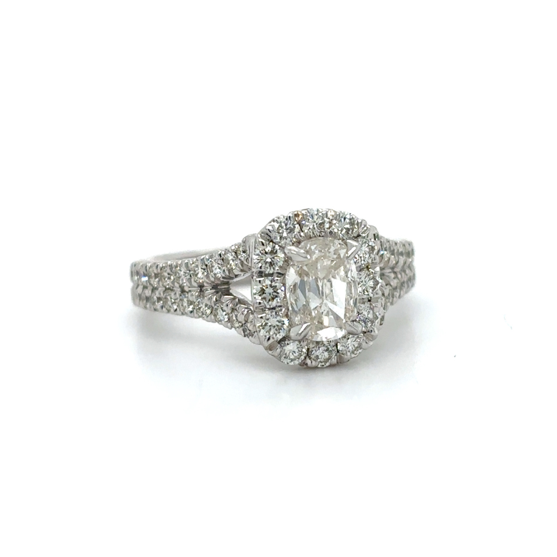 18KW Cushion Dia .90ct H/SI2 Halo .70ctw I/SI1 w/ Split Shank Eng Ring Size 6.5