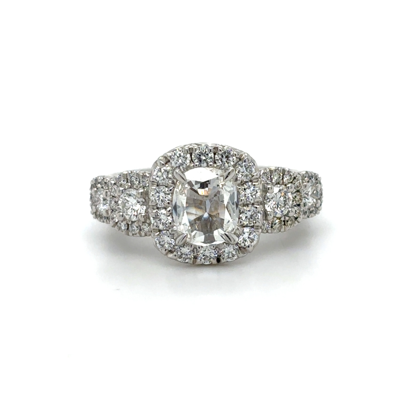 18KW 5 Stone Cushion Dia Center .92ct G/VS2 w/ Halo 1.20ctw I/SI1 Eng Ring Size 6.5