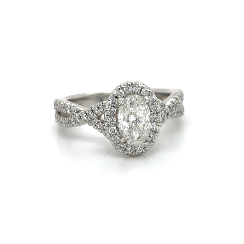 18KW Oval Dia 1.00ct F/SI2 Halo .40ctw I/SI1 w/ Twist Shank Eng Ring Size 6.5