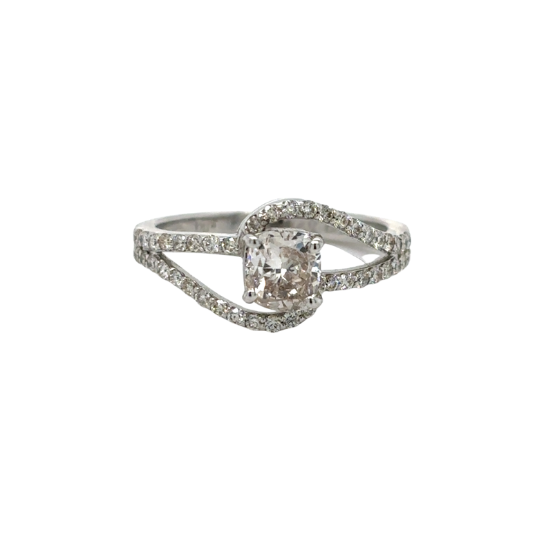 14KW Cushion Dia .80ct K-L SI1-SI2 w/ Dia Double Bypass Split Shank .30ctw K-L SI1-SI2 Eng Ring Size 6.5