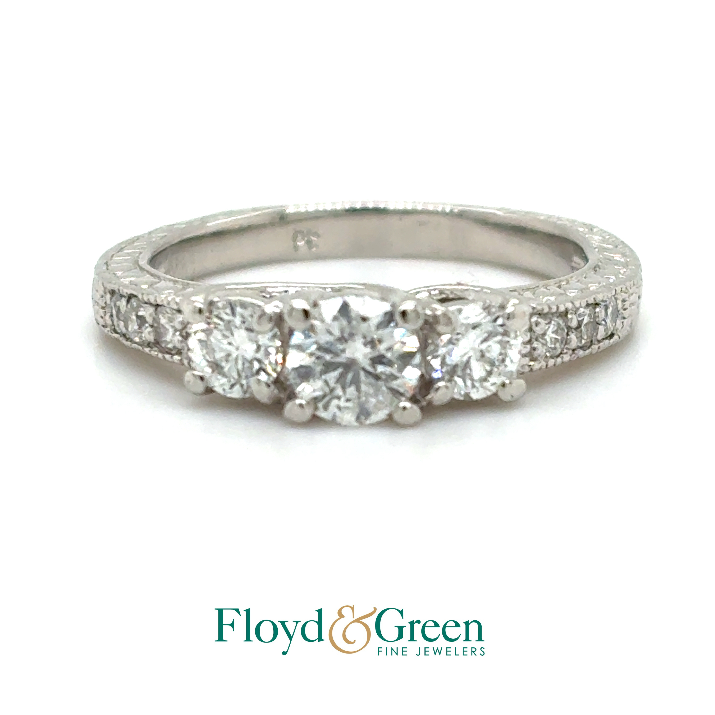 Platinum Diamond Engagement Ring, 1 Round, 0.51ct, I I1, 2 Round, 0.40ct, L SI2, 6 Round, 0.14ct, I SI1, Size 7.75