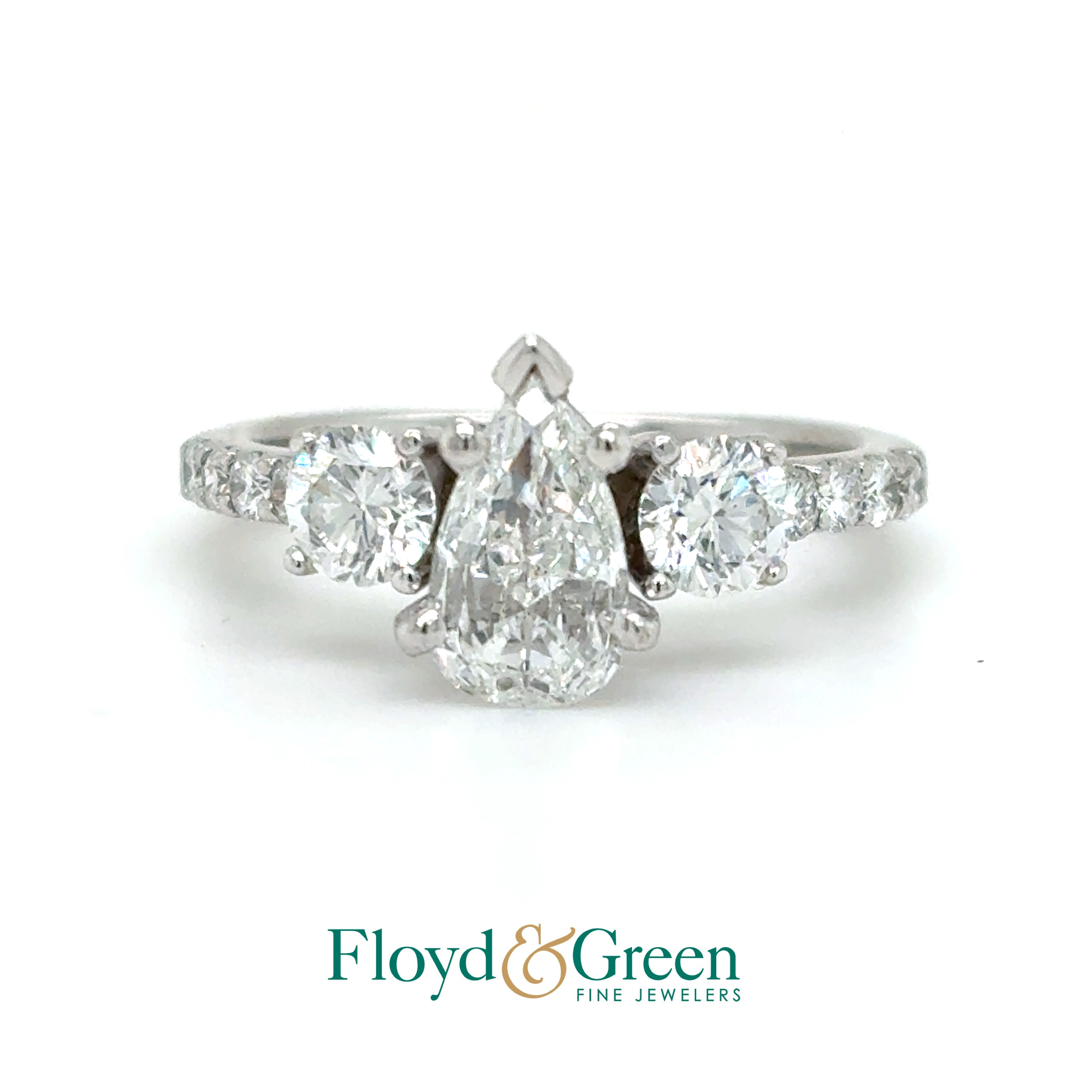 14KW Diamond Engagement Ring, Size 6.5, 1 Pear, 0.77ct, G SI2, 10 Round, 0.74ct, G SI1-SI2