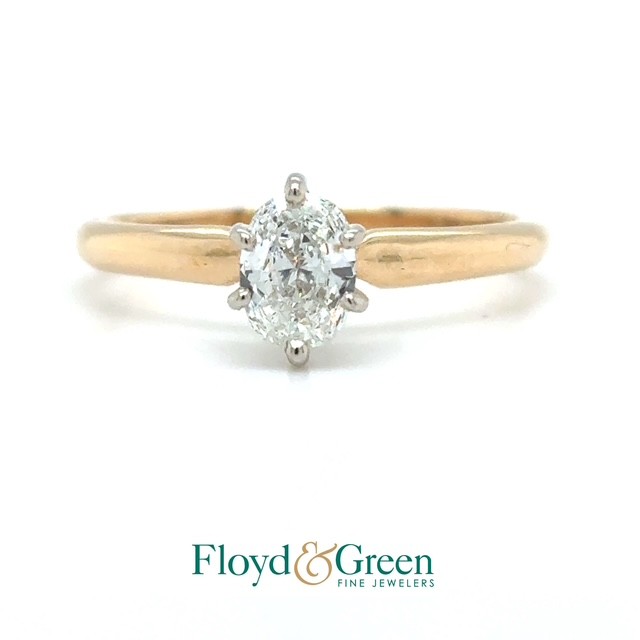 14K Two-Tone Diamond Solitaire Engagment Ring, 1 Oval Brilliant, 0.37ct, I SI1, Size 6