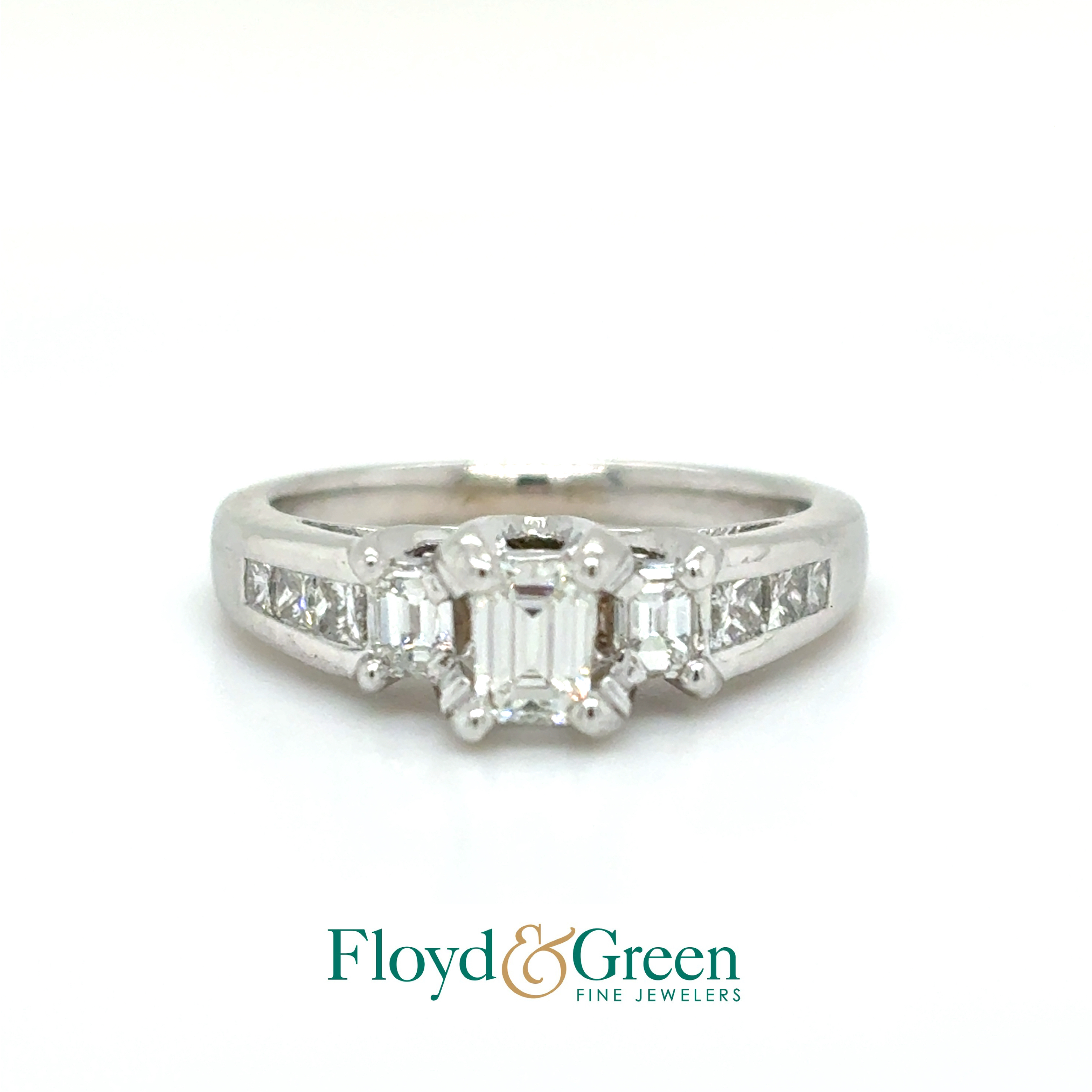 14KW Diamond Engagement Ring, 3 Emerald-cut, 0.67ct, 6 Princess-cut, 0.34ct, F VS1, Size 7
