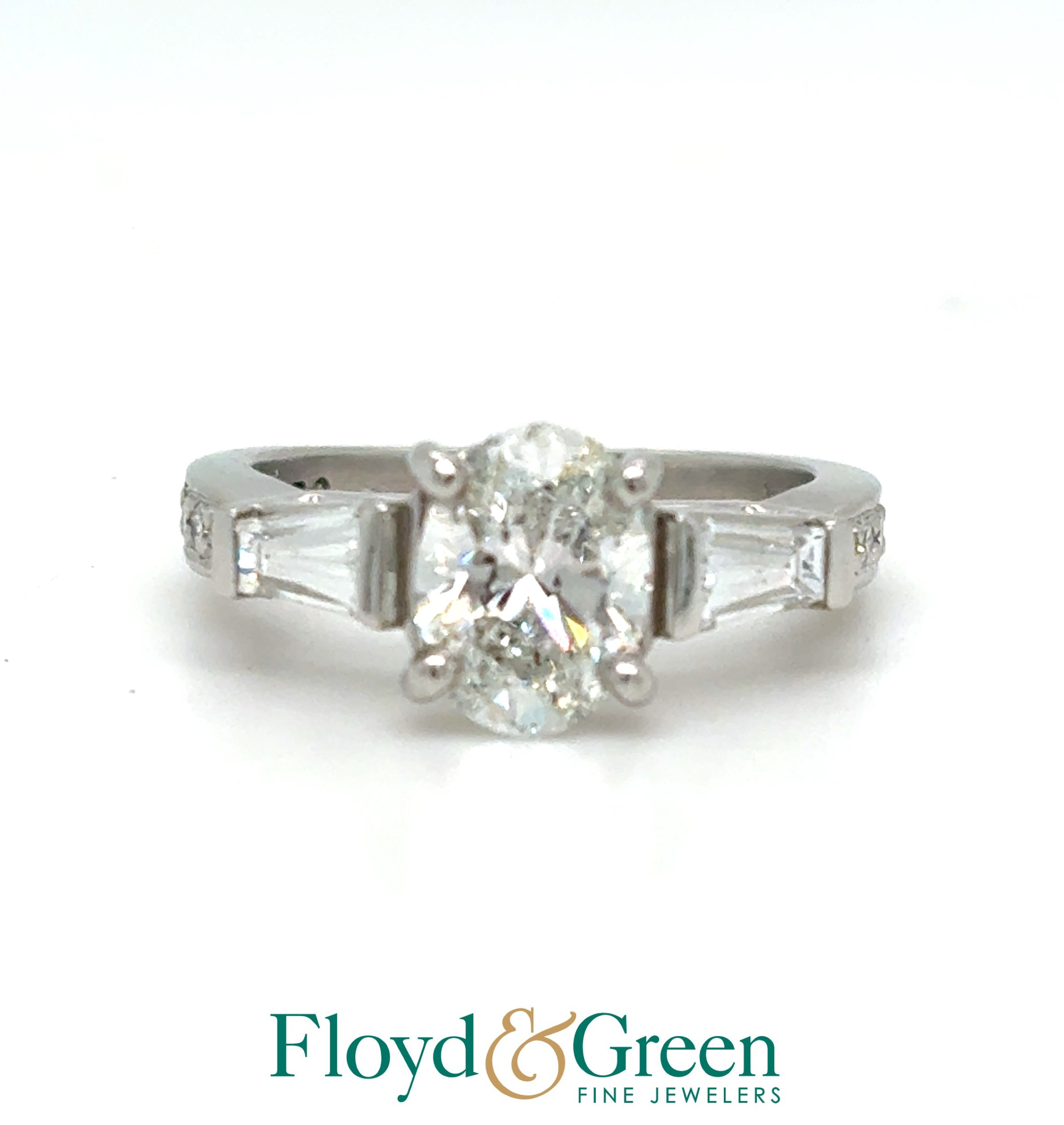 Platinum Diamond Engagement Ring, Oval, 1.26ct, I SI2, 8 Rd, 0.20ct, 2 Tbg, 0.50ct, G-H VS2-SI1, Size 4.75