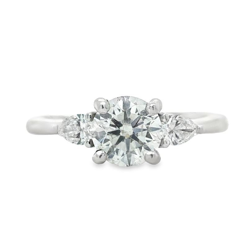 14KW 1.07CT Round G SI2, 2 Pear Dia .27ctw GH SI1 3 Stone Eng Ring Size 6.5
