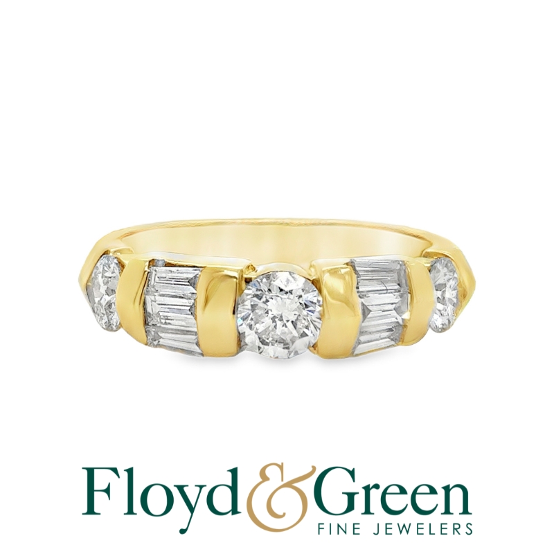 14KY Diamond Engagement Ring, 3 Round, 0.82ct, I VS2, 6 Baguette, 0.24ct, I VS2, Size 6.5