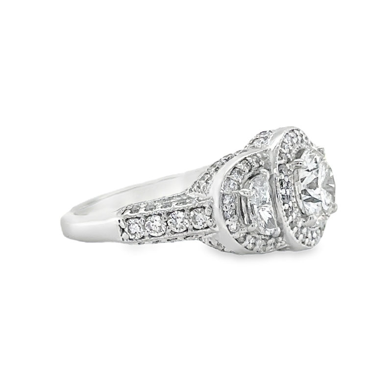 18KW Halo Engagement Ring w/ 1.12ct Round H/SI2  and 1.27ctw Various Shapes H/I/SI1-SI2 Dia Ring Size 7