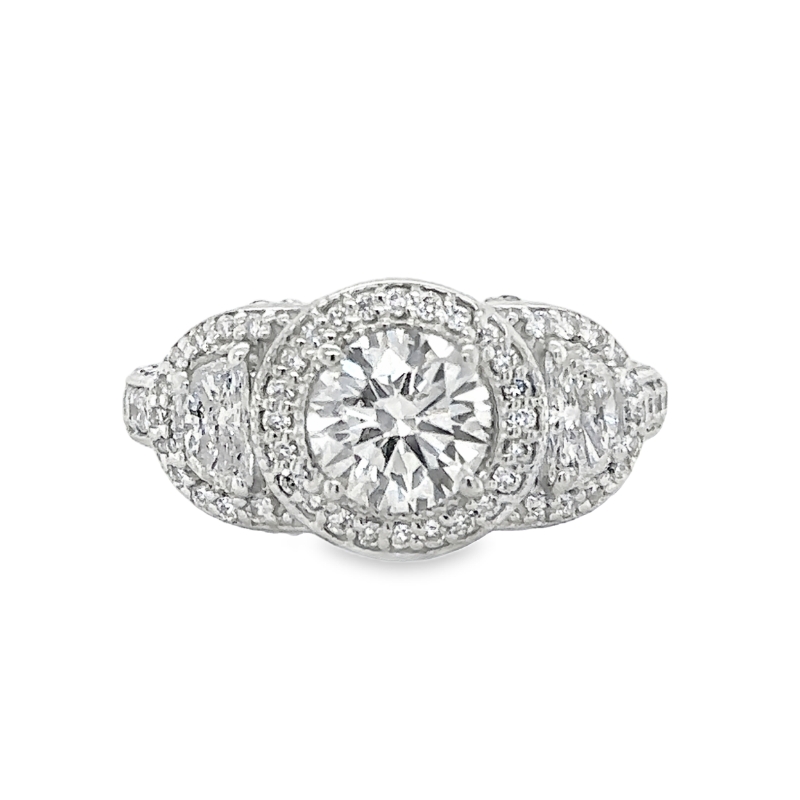 18KW Halo Engagement Ring w/ 1.12ct Round H/SI2  and 1.27ctw Various Shapes H/I/SI1-SI2 Dia Ring Size 7
