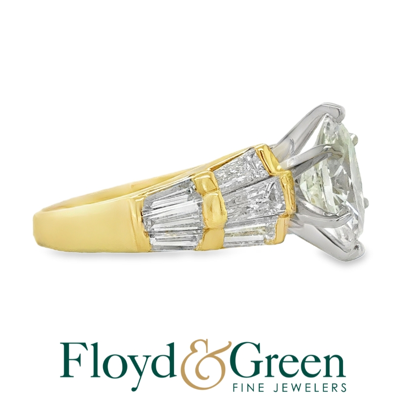 18K Two-Tone Diamond Engagement Ring, 1 Oval, 2.17ct, J VS1, 12 Baguettes, 0.92ct, J VS1, Size 5.75