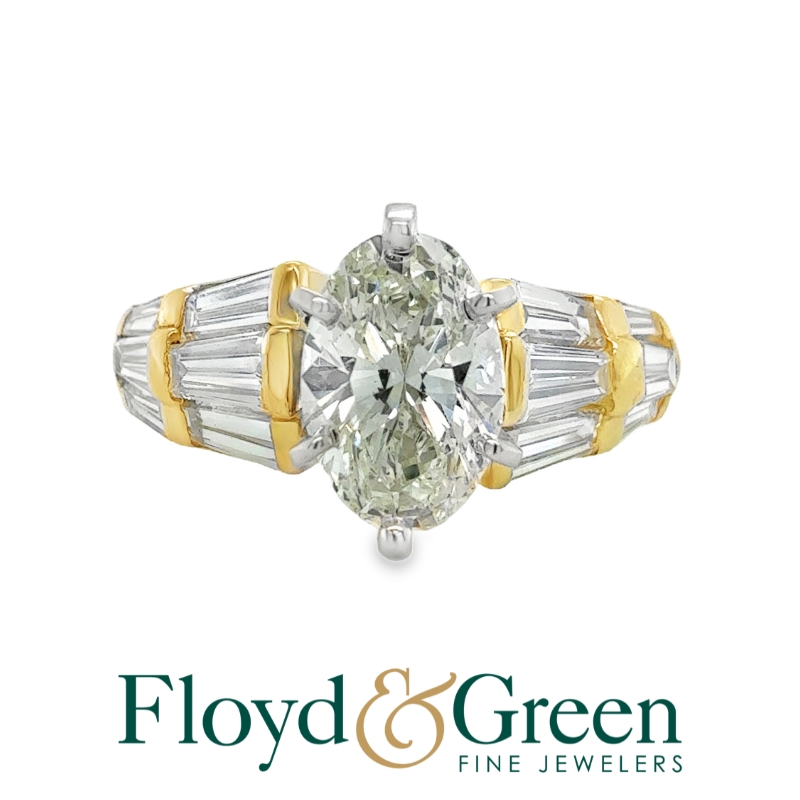 18K Two-Tone Diamond Engagement Ring, 1 Oval, 2.17ct, J VS1, 12 Baguettes, 0.92ct, J VS1, Size 5.75