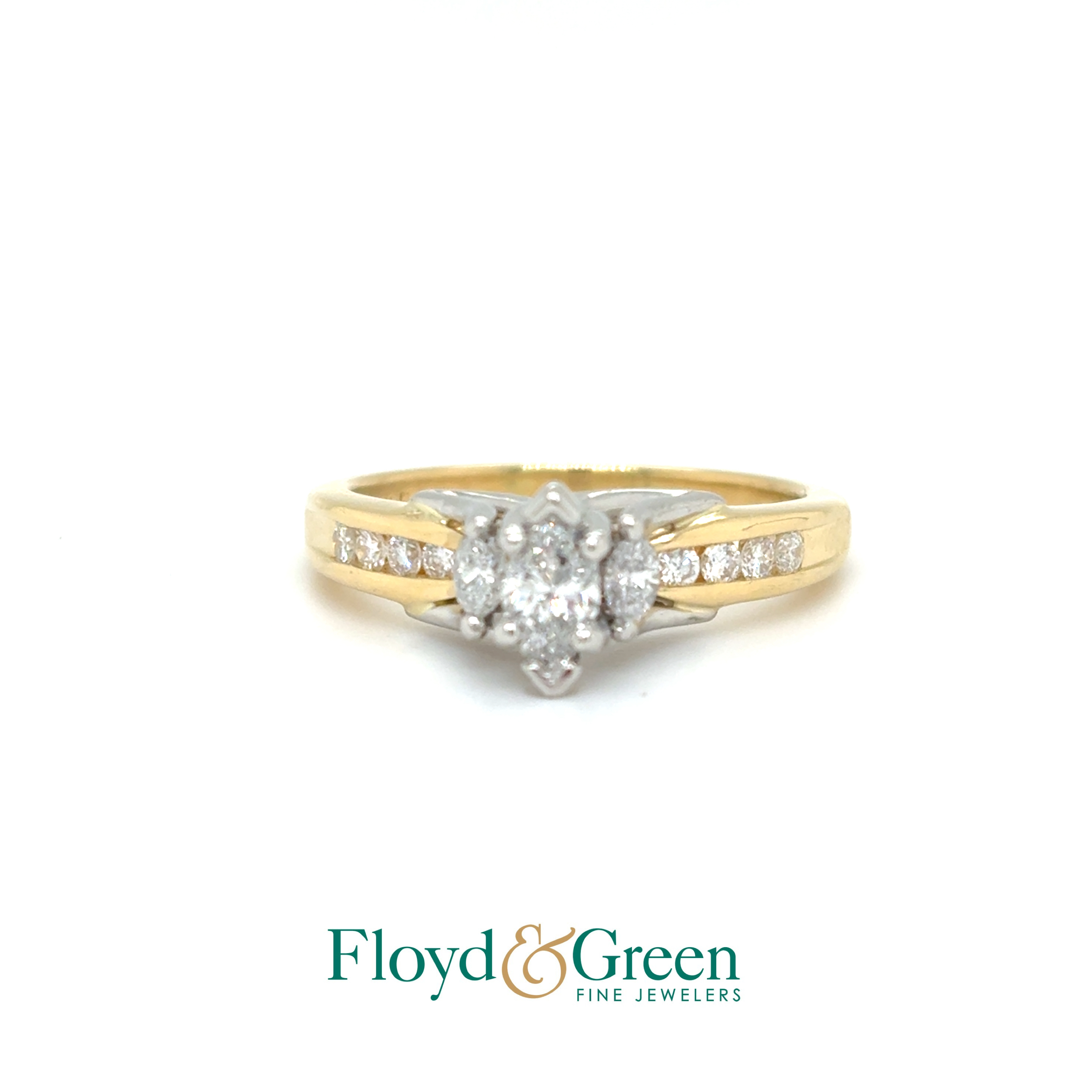 18K Two-Tone Diamond Engagement Ring Setting with Band, Size 7.5, 1 Marq, 0.28ct, J SI2, 2 Marq, 0.10ct, J VS2, 8 Rd, 0.18ct, J SI1-SI2
