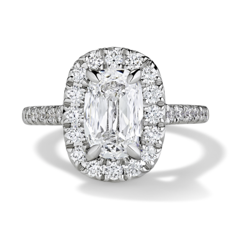 18KW Pave 1.14ctw I/SI1 Round diamond halo with 1.52 J/SI2 Cushion center engagement ring size 6.5