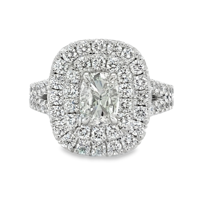 14KW Pave 0.72ct K/VS2 Cushion Center with 1.37ct I/SI1 Diamond Double Halo Engagement Ring Size 6.25