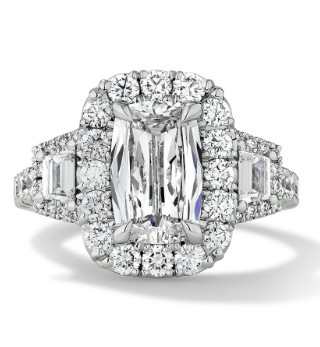 S/O- 14K White Gold Halo Trapezoid Side Stones Engagement Ring