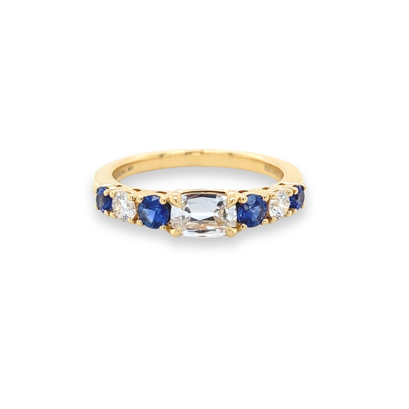 18KY Cushion .42ct w/ graduating Round Dia .18ctw and Sapphire .42ctw Band Size 6.25