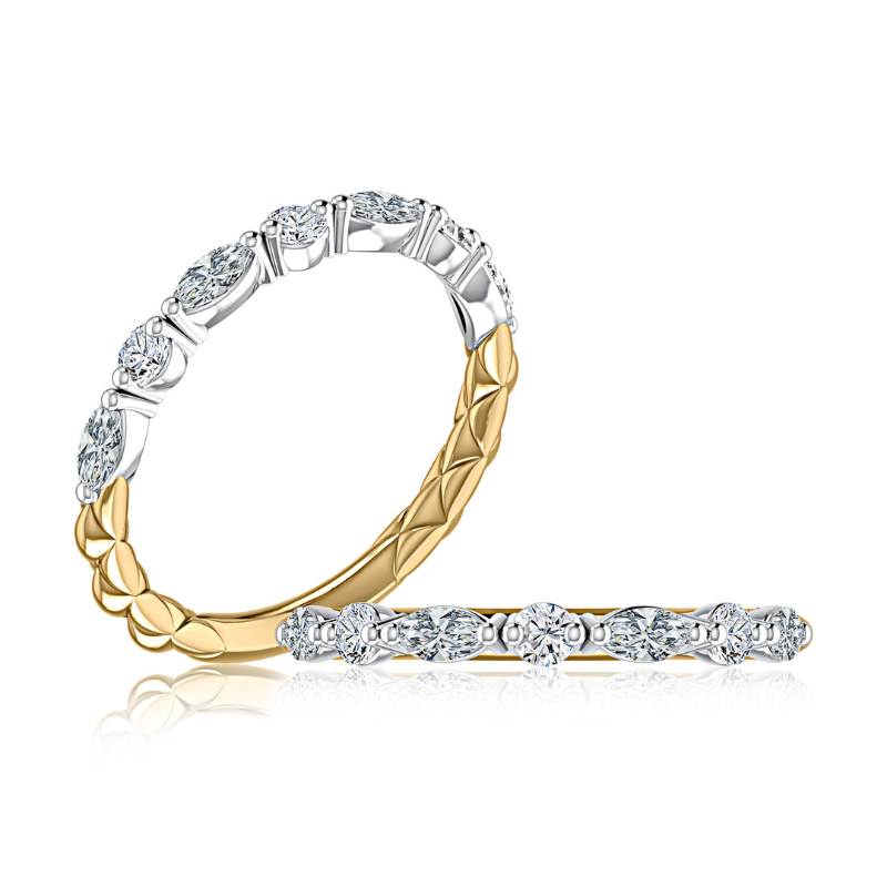 14K Yellow and White Gold Alternating Round & Marquise Diamond .43ctw G/SI Wedding Band Size 6