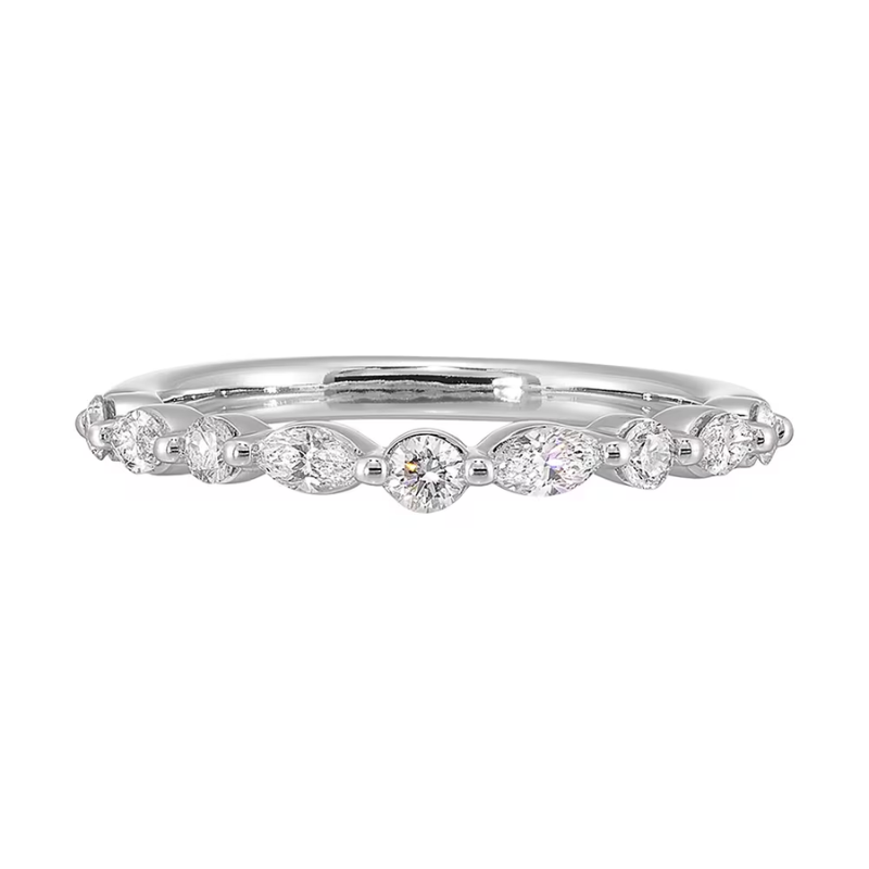 14Kt White Gold Alternating Round & Marquise Single Prong Wedding Band