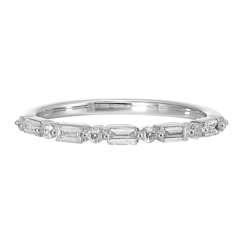 14Kt White Gold Alternating Round & Baguette Single Prong Wedding Band