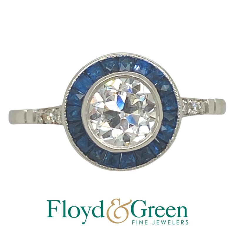 European Cut Diamond & Sapphire Halo Ring