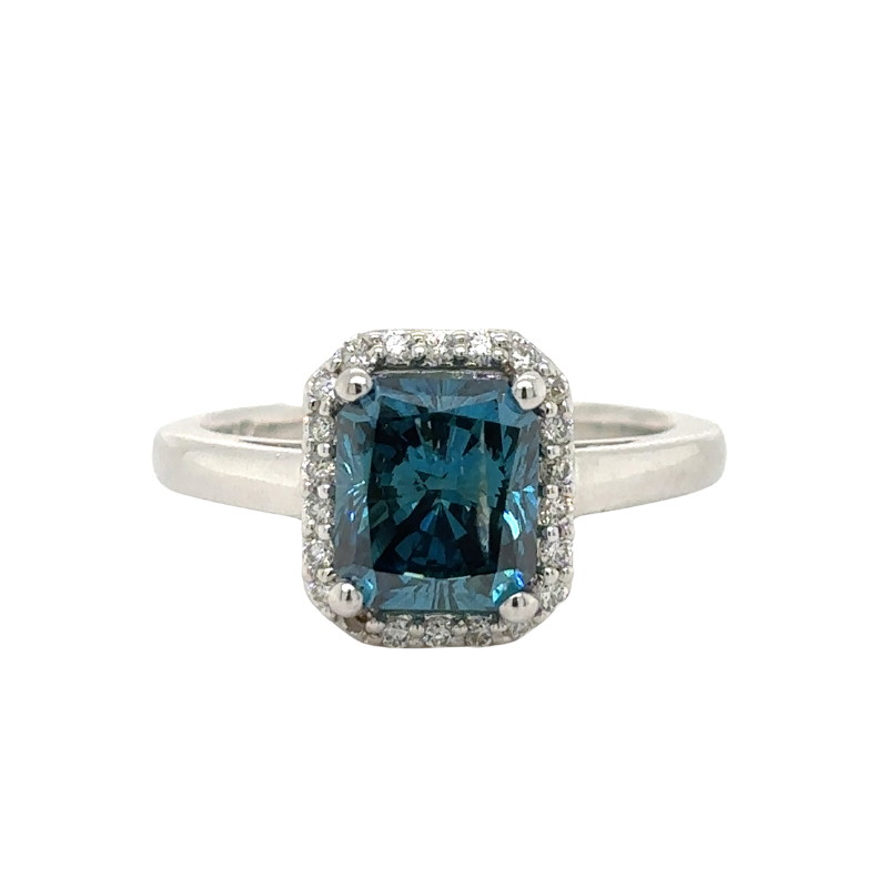 14KW Color Enhanced Radiant Blue Dia 2.06ct I2 w/Dia Halo .14ctw Ring Size 6.5