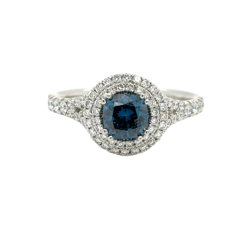Platinum Color Enhanced Blue Dia .90ct I1 w/Dia Double Halo .50ctw Ring Size 7