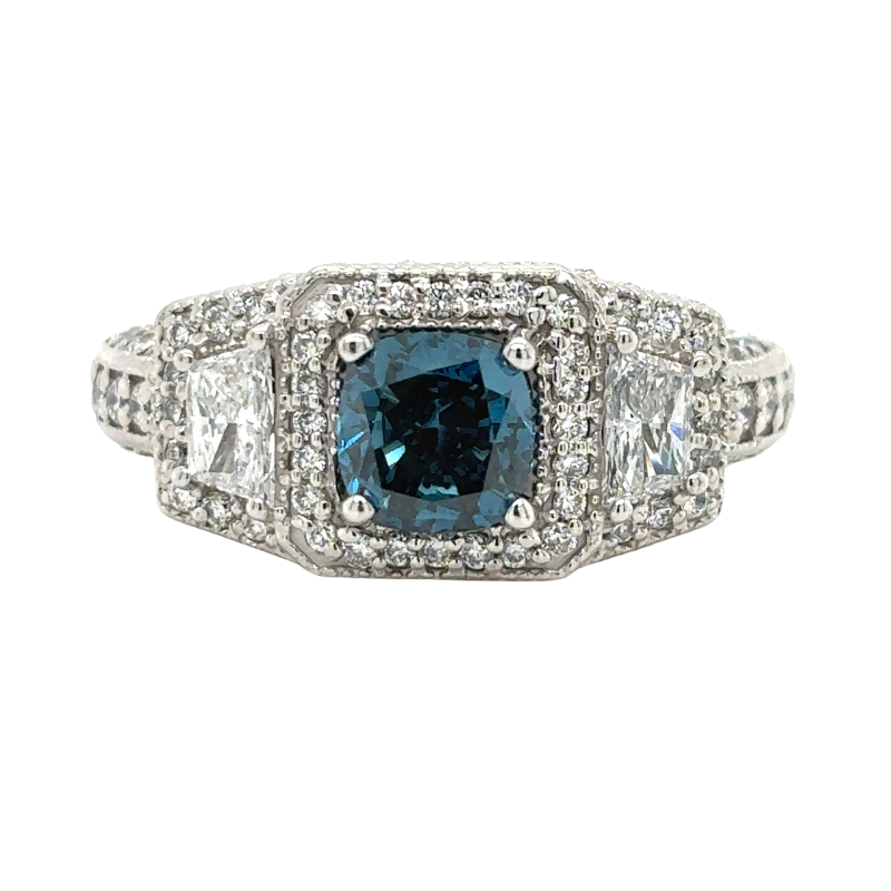 18KW Color Enhanced Cushion Blue Dia 1.0ct I1 w/Dia 1.06ctw Ring Size 7