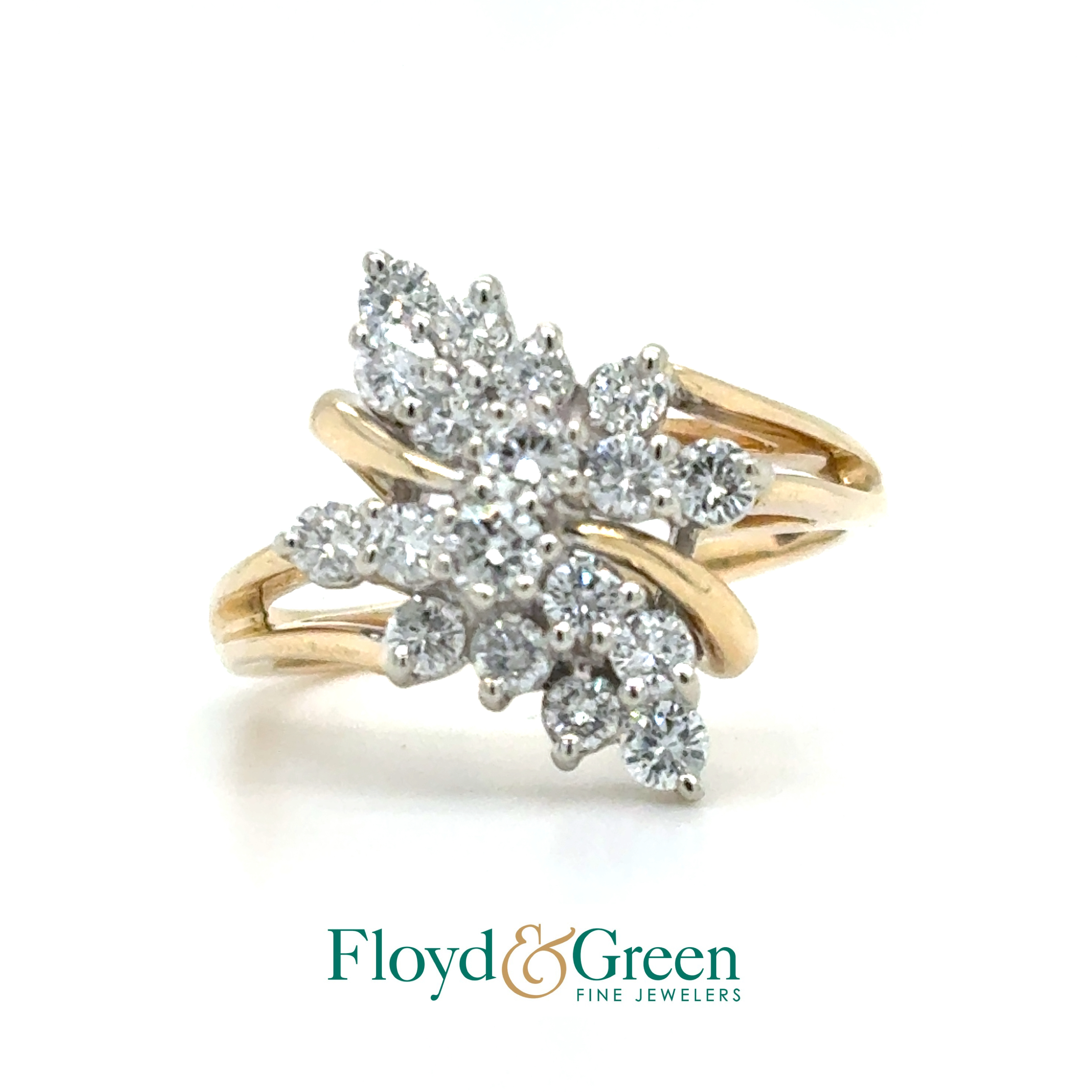 14K Two-Tone Diamond Cluster Ring, 2 Rd Dia, 0.15ct, G-H SI1, 16 Rd Dia, 0.69ct, H SI1-SI2, Size 8.25