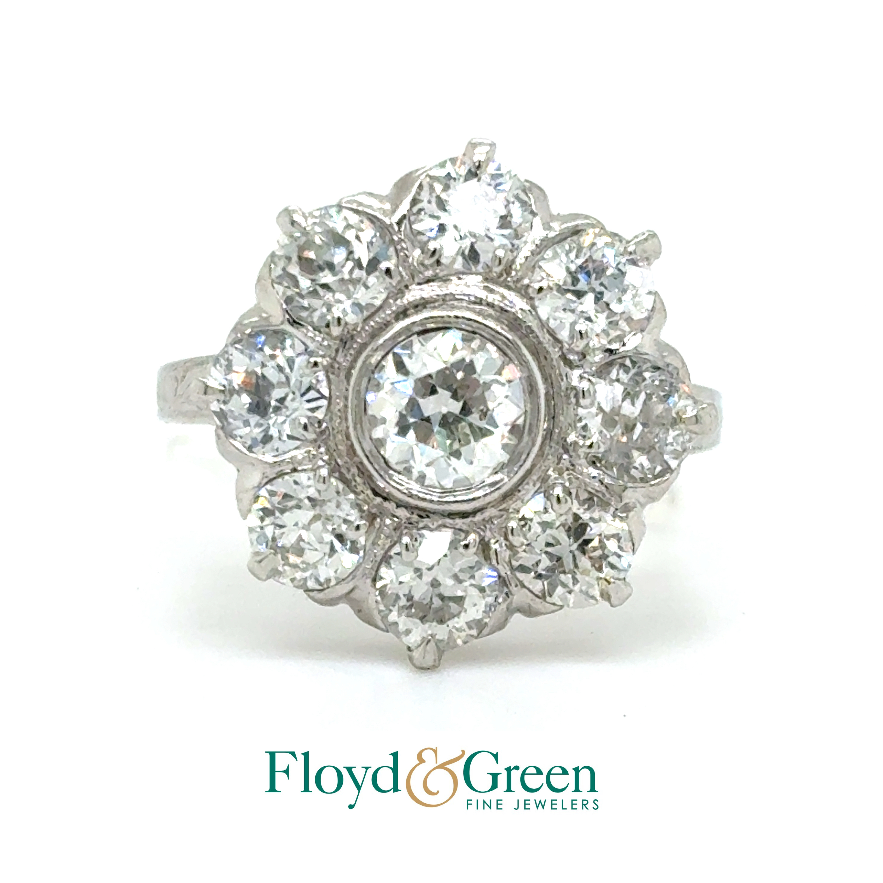 Platinum Diamond Cluster Ring, 1 Old-Euro, 0.41ct, H VS1, 8 Old-Euro, 1.73ct, H-! SI2-I1, Size 4.5