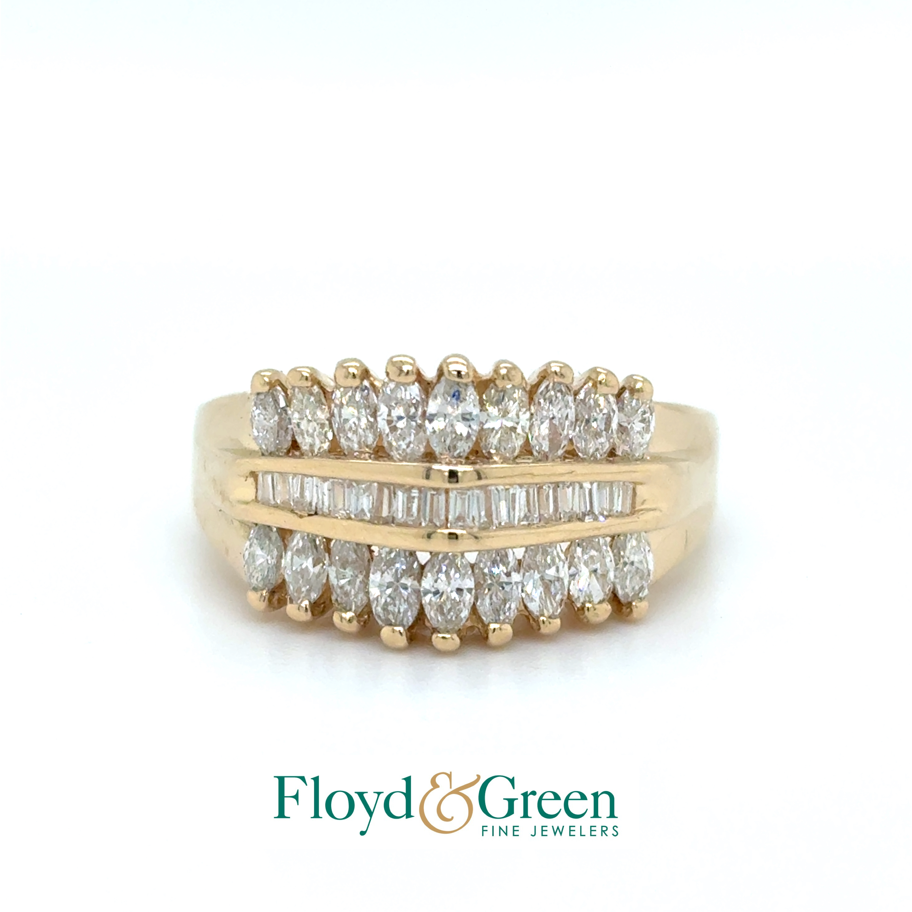 14KY Diamond Ring, 18 Marq, 0.44ct, J SI1-SI2, 18 Bag, 0.17ct, J SI1, Size 6.75