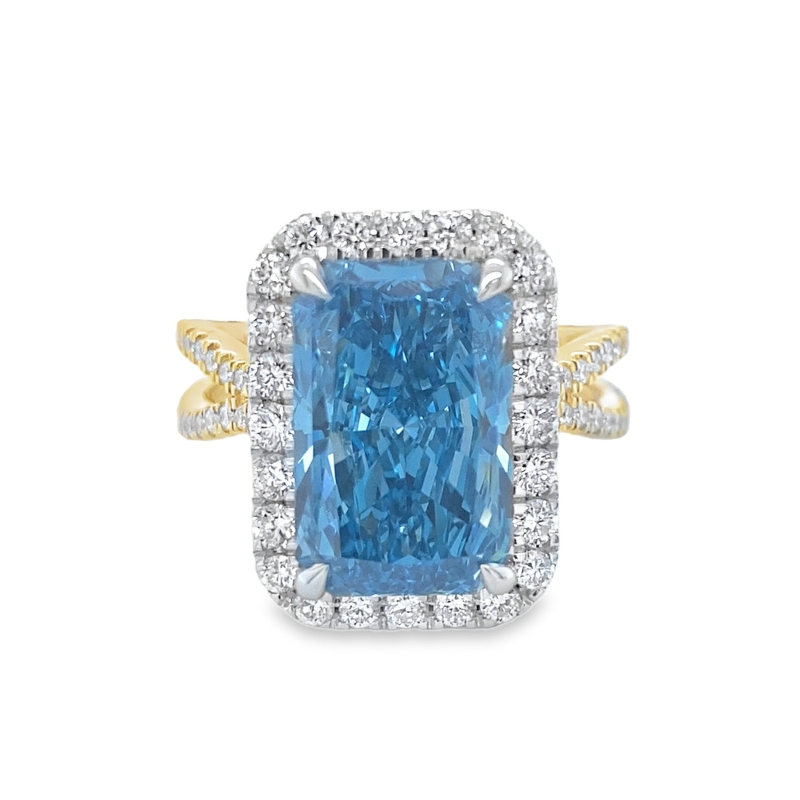 14KY/W 5.07ct Radiant Vivid Blue VS1 Lab Grown Center Dia  w/ 1.10ctw Halo and Split Shank Size 7