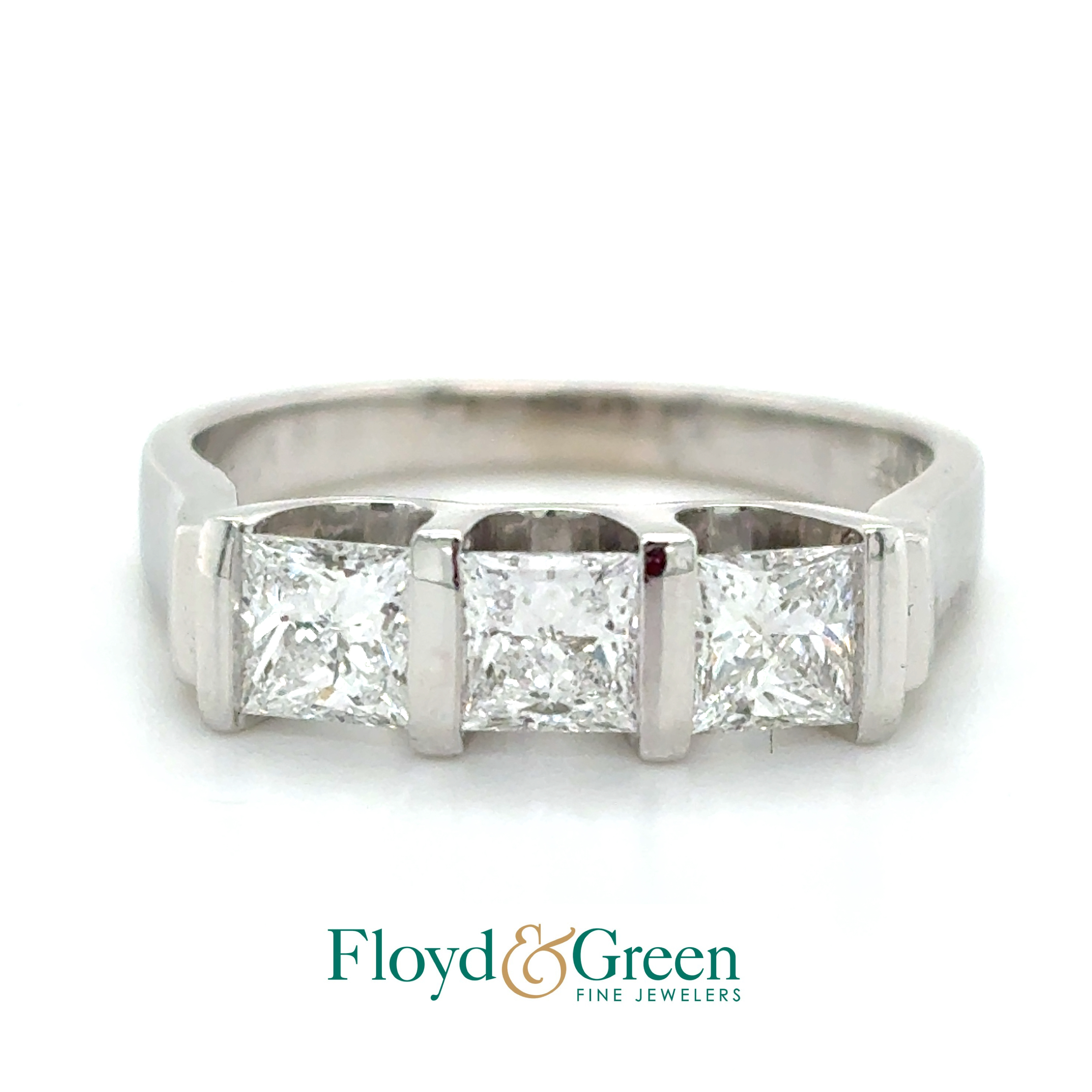 18KW Diamond Ring, 3 Princess-cut, 1.07ct, G VS1, Size 5.25