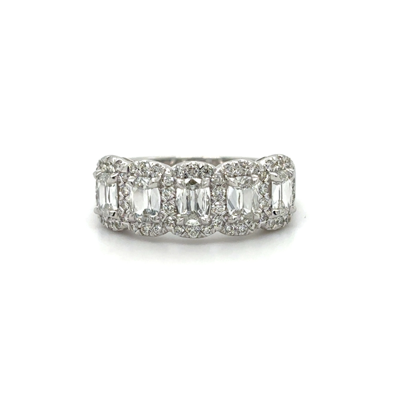 18KW 5 Stone Cushion Dia 1.09ctw H/VS1 w/ Dia Halo .40 I/SI1 Ring Size 6.5