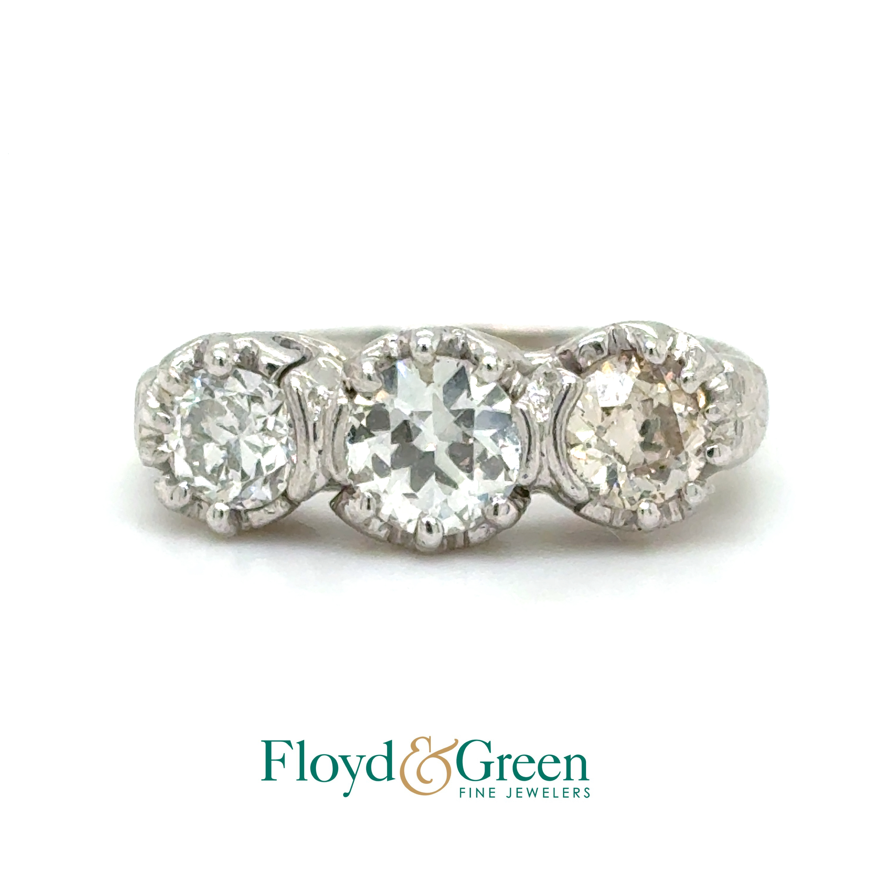 14KW 3 Stone Diamond Ring, 1 Old-Euro, 0.78ct, I VS2, 2 Old-Euro, 0.89ct, I I1, Size 6