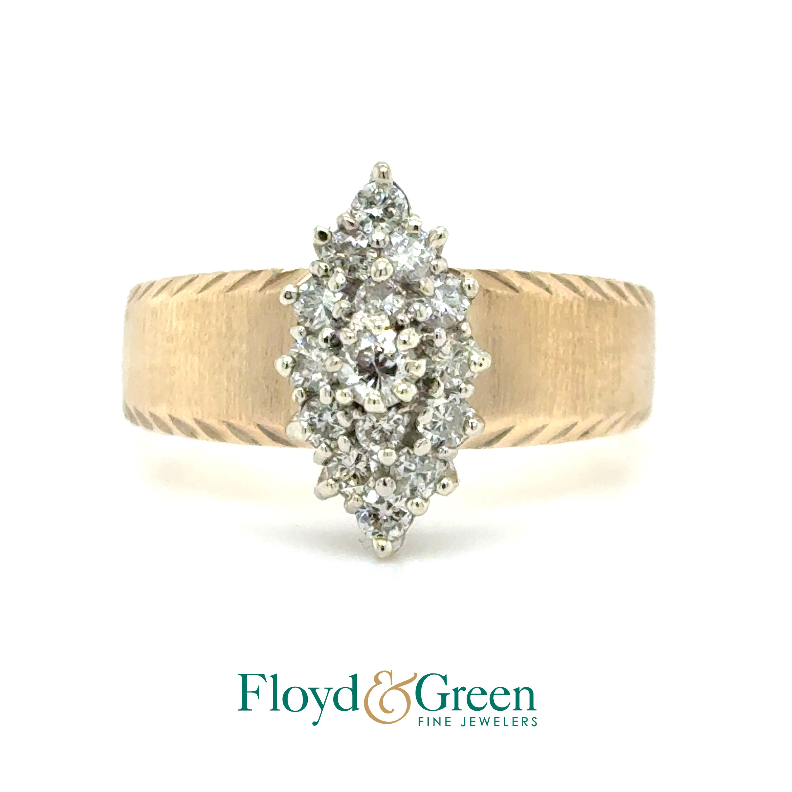 14K Two-Tone Diamond Ring, 1 Round, 0.07ct, J I1, 14 Round, 0.35ct, J SI2-I1, Size 7.75