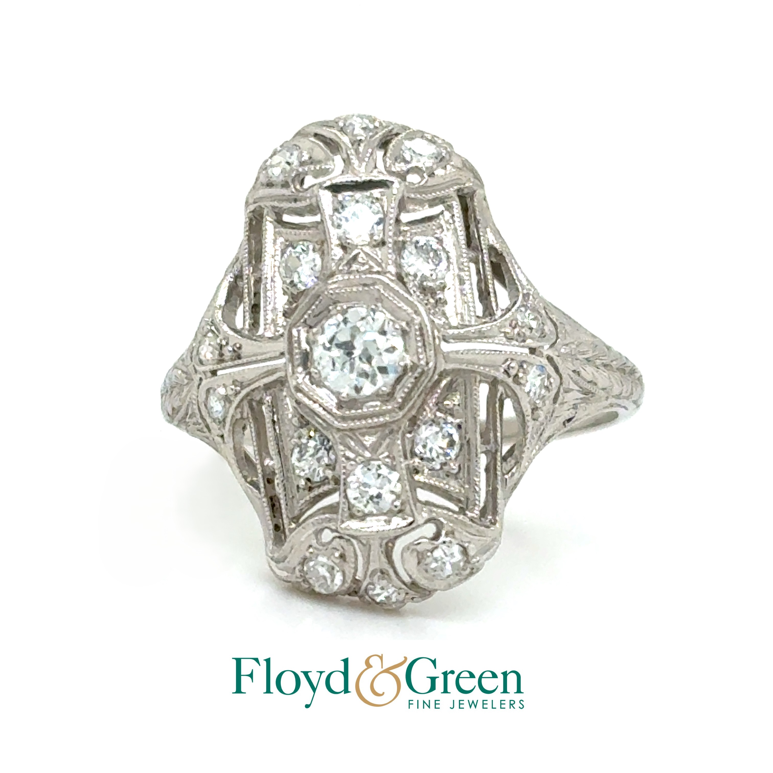 Platinum Antique Diamond Ring, 6 Round, 0.34ct, H VS2, 10 Single-cut, 0.18ct, H VS2, Size 7.5