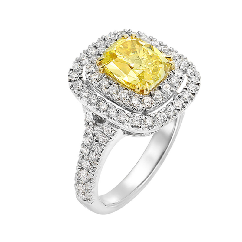 PLAT Fancy Yellow Dia 2.50ct w/ Double Dia Halo 1ctw and Split Shank Ring Size 7