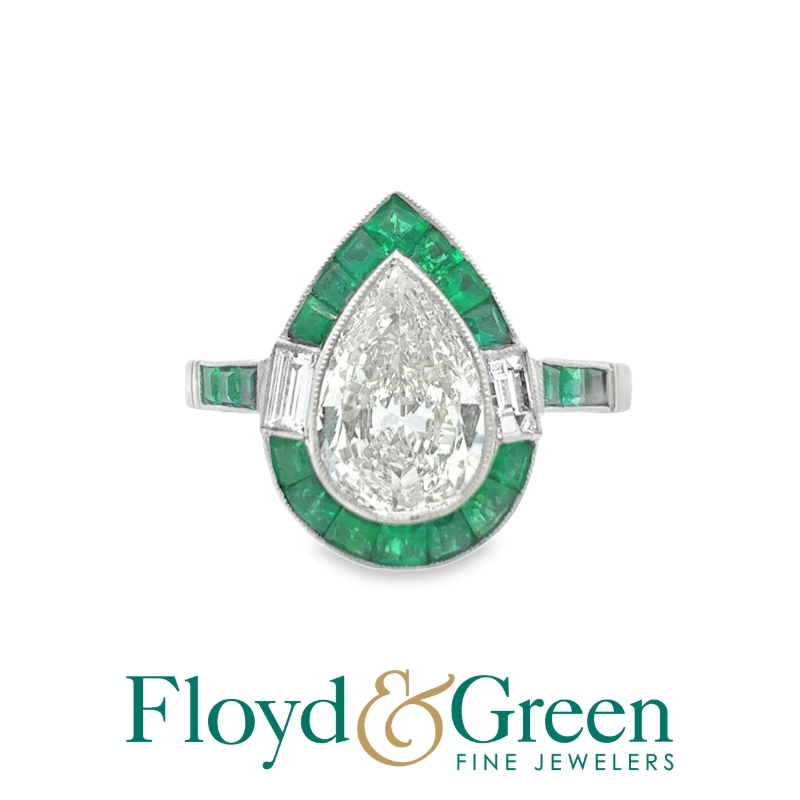 PL 1.38ct Pear Dia w/ Emerald Halo 1.22ctw & Bag Dia .15ctw ring Size 7.25