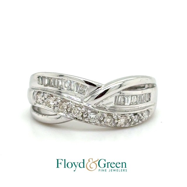14KW Diamond Bypass Ring, 9 Round, 0.18ct, 16 Tapered Baguette, 0.12ct, G-H VS2-SI1, Size 5.75