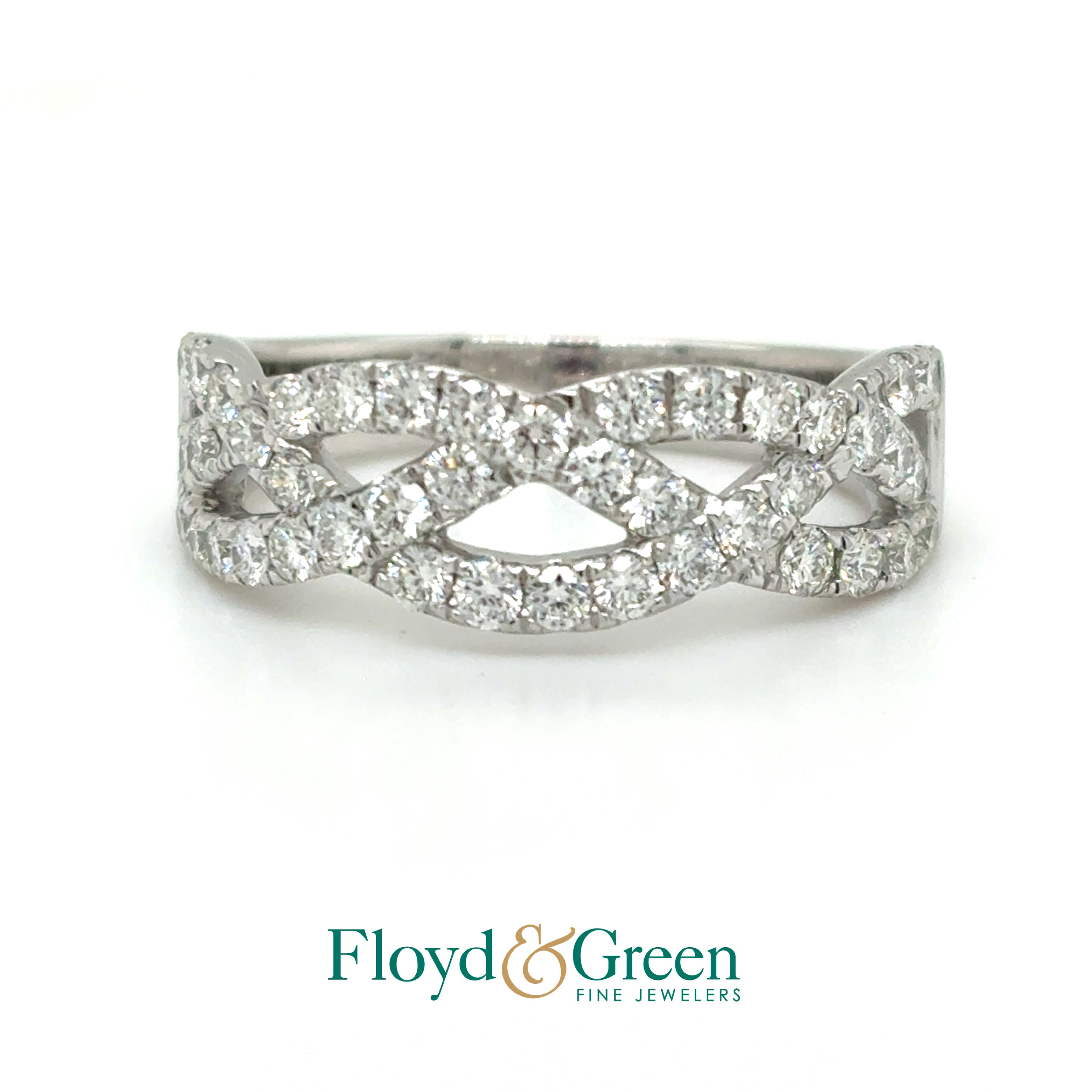 14KW Diamond Ribbon Ring, 41 Round, 1.11ct, H VS1, Size 8.5
