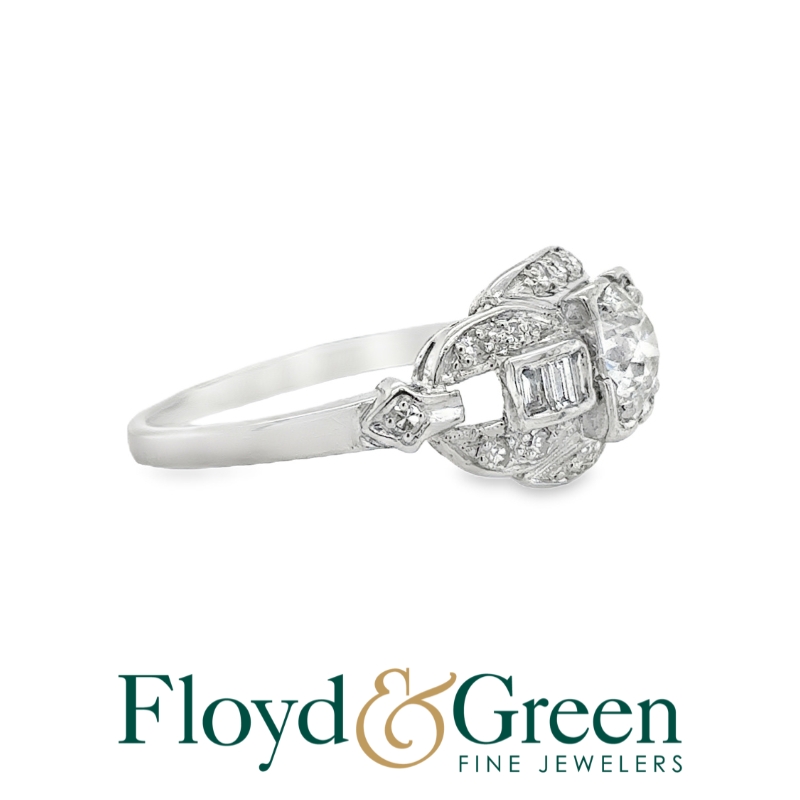 Art Deco 1920s Platinum Diamond Ring, 1 Old European, 0.82ct, 4 Baguette, 0.05ct, 16 Single-cut, 0.22ct, J VS2